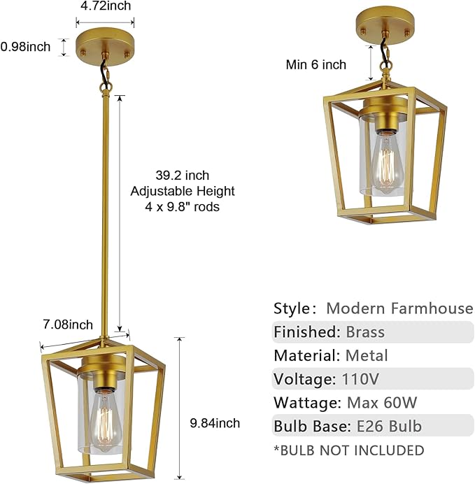 SGLfarmty 7 Inch Farmhouse Brass Pendant Light, Adjustable Lantern Hanging Light with Clear Glass Shade, Modern Ceiling Fixture for Kitchen Island Dining Room Foyer Entryway, Sloped Ceiling Compatible