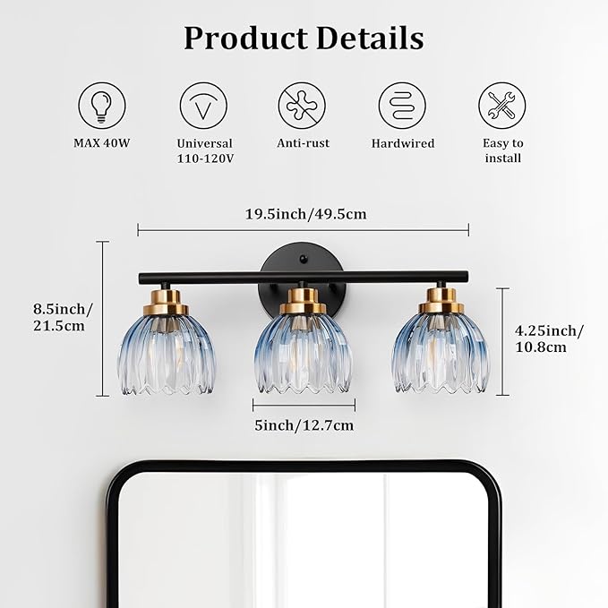 TALOYA Bathroom Vanity Light Fixtures, 3-Light Modern Black and Gold Wall Lights Over Mirror with Gradient Blue Tulip Glass Shades Bathroom Wall Lamp for Mirror, Living Room,Hallway, Farmhouse