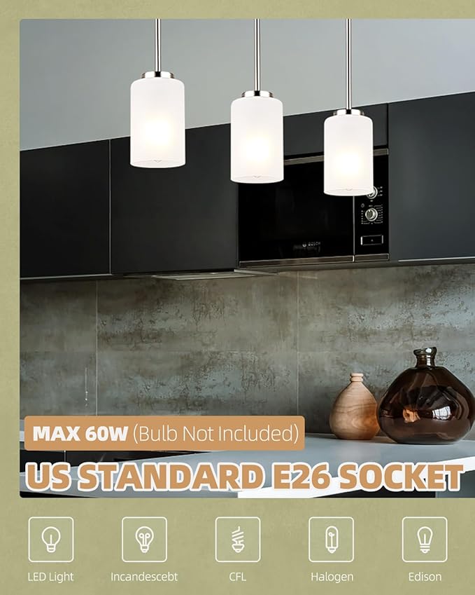 2 Pack Pendant Light Fixtures, Adjustable Brushed Nickel Hanging Ceiling Lights with White Frosted Glass Shades, House Indoor Light for Kitchen Island Bedroom