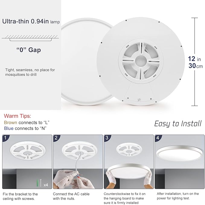 LightingWill 12 Inch LED Flush Mount Ceiling Light Fixture, 6000K Cool White, 3200LM, 24W, Flat Modern Round Lighting Fixture, 240W Equivalent White Ceiling Lamp for Kitchens, Bedrooms.etc.