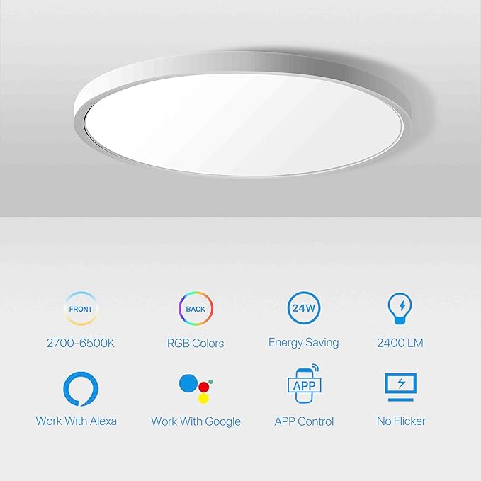MELEGAN 4 Pack Smart Led Ceiling Light Flush Mount, 12 Inch 24W Ceiling Light Fixture Dimmable 2700K-6500K, RGB Ambient Light Fixture WiFi Compatible with Alexa Google Home for Bedroom Living Room