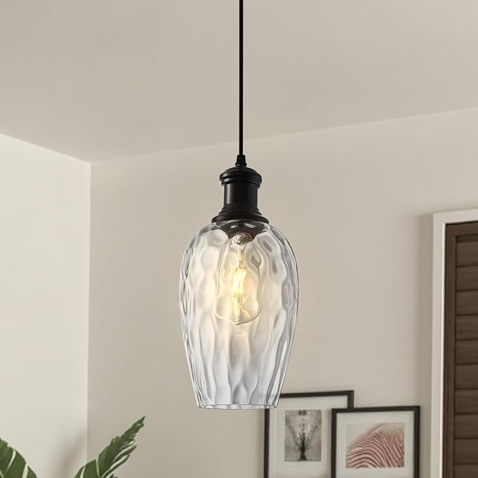 Pendant Lights Kitchen Island, 6.3” Black Blown Glass Pendant Lights 1-Pack, Farmhouse Pendant Light with Clear Hammered Glass, Modern Kitchen Pendant Light for Dining Room, Bathroom, Cafe