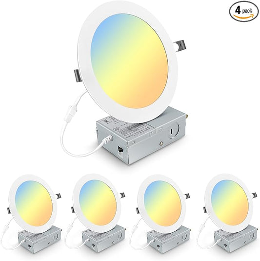Elaruslux 4 Pack 7 Inch 3CCT Ultra-Thin LED Recessed Light with Junction Box, 3000K/4500K/6000K Selectable, 18W Eqv 125W, Dimmable Canless Downlight, 1600LM High Brightness(4-Pack)