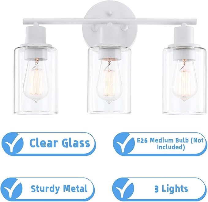 WISBEAM 3-Light Bathroom Vanity Wall Light, White Bathroom Light Fixtures Over Mirror with Clear Glass Shade Including E26 Medium Base, Bulb NOT Included