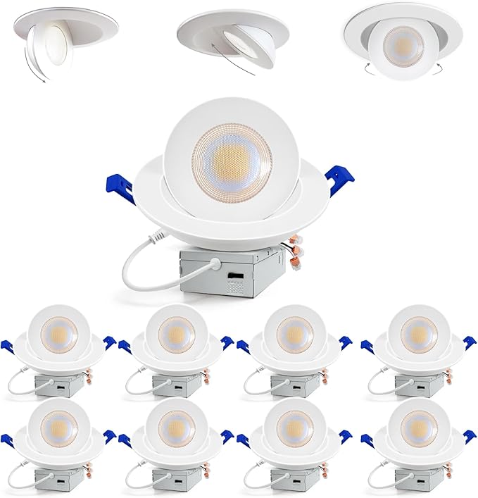 Adetu 6 inch 5CCT Gimbal Led Recessed Lights, 360°+90° Adjustable Directional Recessed Lighting, 2700K/3000K/3500K/4000K/5000K Dimmable Remodel Eyeball Canless Downlight with Jbox, ETL (White, 8 Pack)