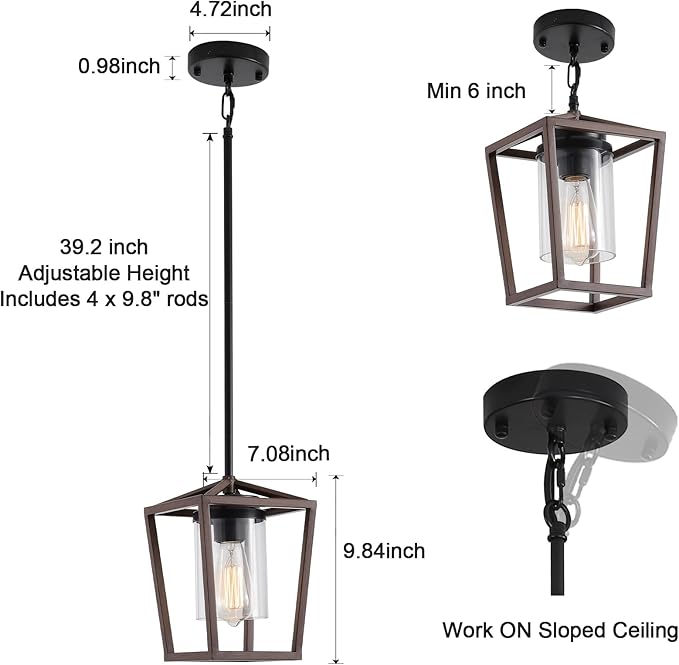 SGLfarmty Pendant Lights for Kitchen Island, 7 Inch Farmhouse Lantern Hanging Light with Clear Glass Shade, Adjustable Height Ceiling Light Fixture Fits Sloped Ceiling for Dining Room Bar Entryway