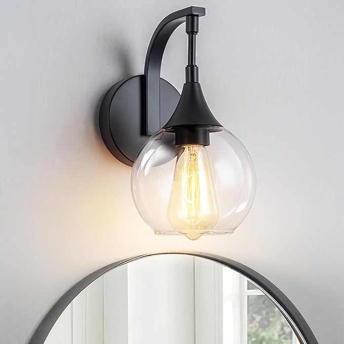Black Wall Sconce Light, Modern Vanity Light Fixtures with 4.9 Inches Clear Glass Shade, Farmhouse Wall Lights for Living Room, Bedroom, Hallway
