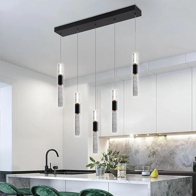 5-Lights Led Chandelier, Black and Gold Crystal Modern Led Chandelier for Dining Room, Luxury Dimmable Enterway Led Pendant Lights Fixture with Remote Control Flush Mount