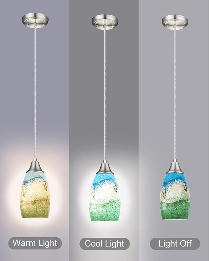 karyfine Mini Glass Pendant Lights,Blown Art Glass Pendant Hanging Light Fixtures Kitchen Island Pendant Lamp Shade with Brushed Nickel Finish for Bar Counter,Hallway,Dining Room Multi color-1P