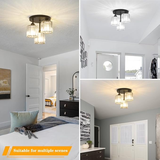 Crystal Semi Flush Mount Ceiling Light, 3-Light Modern Close to Ceiling Light Fixtures, Black Kitchen Light Fixtures with Clear Crystal Shade, Hallway Light Fixtures for Hallway Bedroom Bathroom, E26