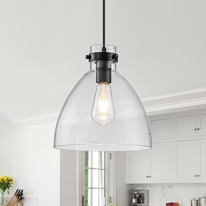 WILON Pendant Lights, Pendant Lights Kitchen Island, 1-Pack Black Farmhouse Pendant Light Fixtures with 9.8" Round Glass Shade for Dining Room Over Table Sink Bar Foyer