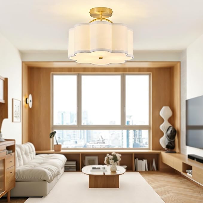 13.5" Gold Semi Flush Mount Ceiling Light Fixture for Bedroom,3-Light Modern Flower-Shape Close to Ceiling Light with Fabric Shade for Bedroom Hallway Nursery Living Room (White)