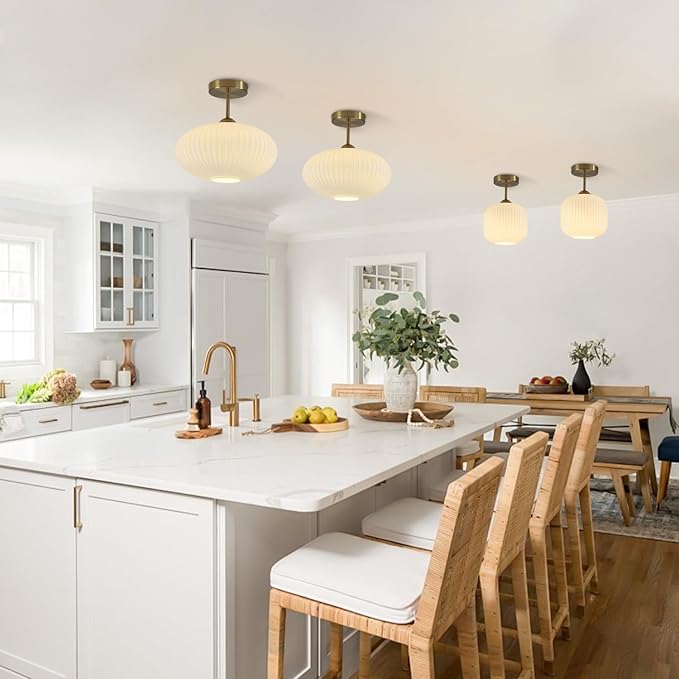 BOKT Vintage Semi Flush Mount Ceiling Lights 2 Pack 7.9" Stripe Milk White Glass Shade Modern Ceiling Lamp Mid Century Gold Ceiling Light Fixture for Farmhouse, Kitchen Island, Hallway