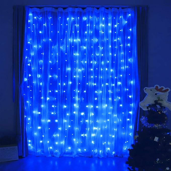 HEYFUNi Curtain Lights,304LED 9.8ftX9.8ft 30V 8Modes Safety Window Lights with Memory for Home Wedding Christmas Party Patio Lawn Garden Bedroom Outdoor Indoor Wall Decorations (304 LED, Blue)