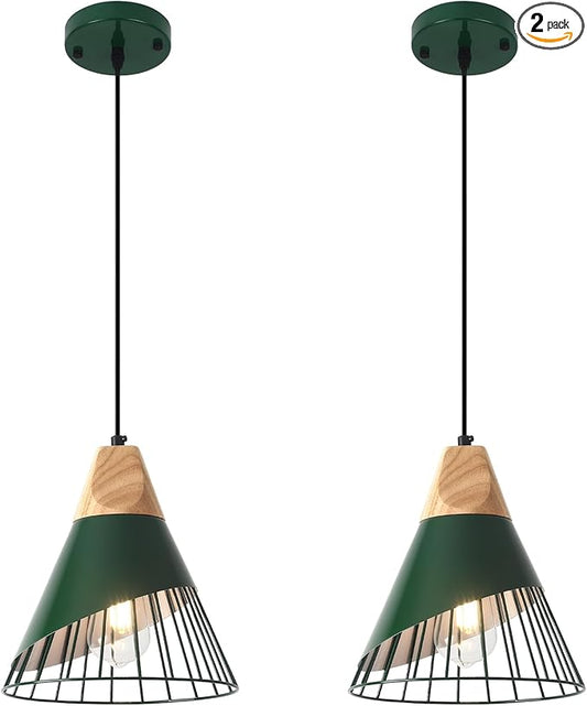 Farmhouse Pendant Light 9.4ines, 2 Packs- Green Industrial Kitchen Pendant Lights for Kitchen Island, Bar, Bedroom, Office, Library