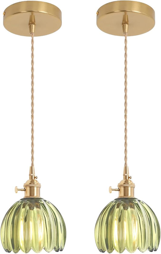 Shenmoyl Pendant Light 2 Pack with Green Tulip Glass Lmapshade, Brass Vintage Pendant Light Adjustable Hanging Light for Kitchen Island Dining Room Hallway