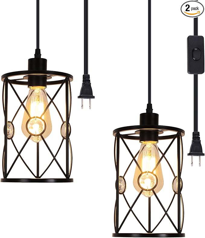 Plug in Industrial 2 Pack Farmhouse Pendant Light, Mini Cage Pendant Lighting in Black Finish with Crystal, Adjustable Length Hanging Light Fixture for Hallway, Bedroom, Living Room, Kitchen