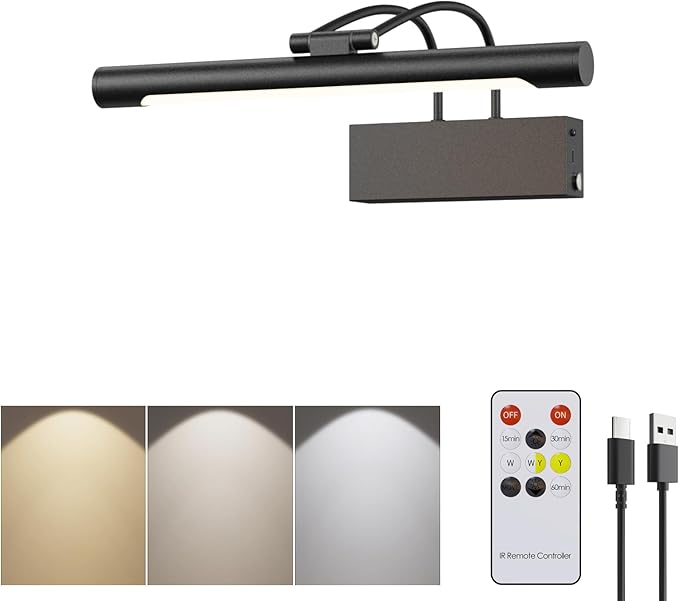 Picture Light,Wireless Rechargeable Gallery Light with Remote,5000mAh Dimmable Painting Rechargeable Picture Lights for Wall,12 inch Metal Picture Lights for Art,Paintings,Mirror,Black