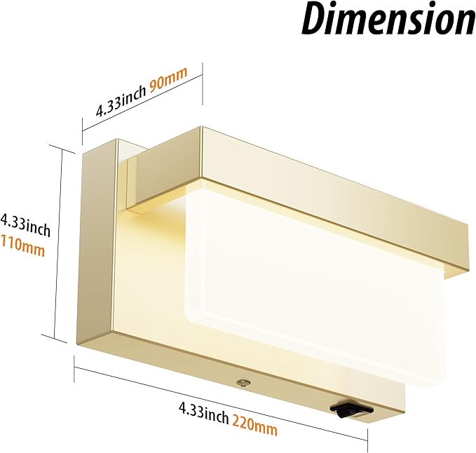 Wall Sconce Champagne Gold Wall Light with On/Off Switch 8 inch LED Wall Lamp Acrylic Lampshade 4000K Sconce Wall Lighting