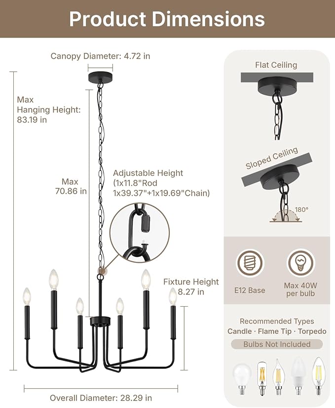Yunnix 6 Light Matte Black Farmhouse Chandelier with Chain for Dining Room Lighting Fixtures, Rustic Industrial Iron Chandeliers for Bedroom, Foyer, Kitchen, Living Room and Entryway