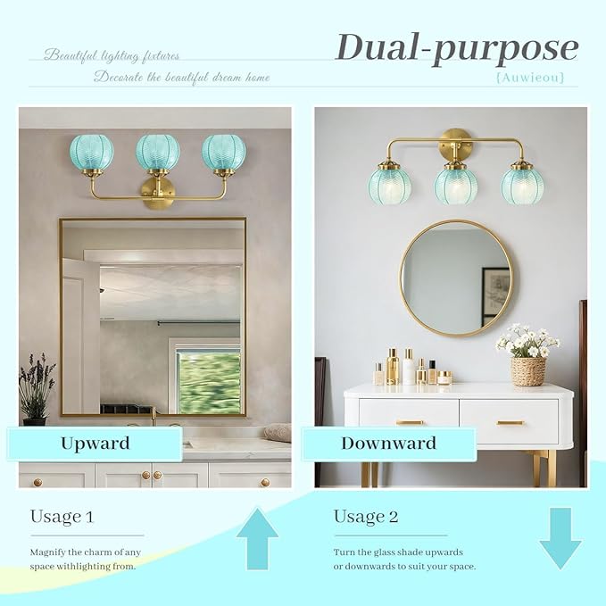 Gold Bathroom Lights Over Mirror, 3 Light Vintage Wall sconces with Blue Glass Shade Bathroom Vanity Lights mid Century Wall Sconce Light Glass Wall Lighting Fixture for Bedside Bedroom Doorway