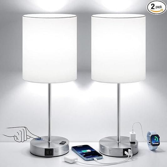 White Touch Lamps for Nightstand Set of 2 - Bedside Table Lamp for Bedroom with Dual USB Ports & AC Outlet, 3-Way Dimmable Lamps for Living Room Boys Room, Night Light with 5000K Daylight Bulbs