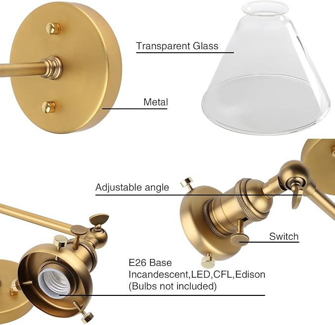 PERMO Double Sconce Vintage Industrial Gold 2-Lights Wall Sconces with Funnel Flared Glass Clear Glass Shade Antique Scocne for Bathroom Living Room Home Office