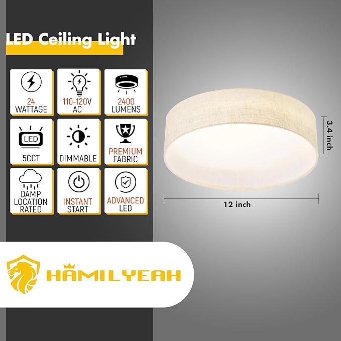 Hamilyeah Flush Mount Ceiling Light Fixture 24W, Dimmable LED Ceiling Light with Beige Fabric Shade 5CCT, 12 inch Drum Light Fixture Ceiling Mount for Living Room, Kitchen, Bathroom, Bedroom