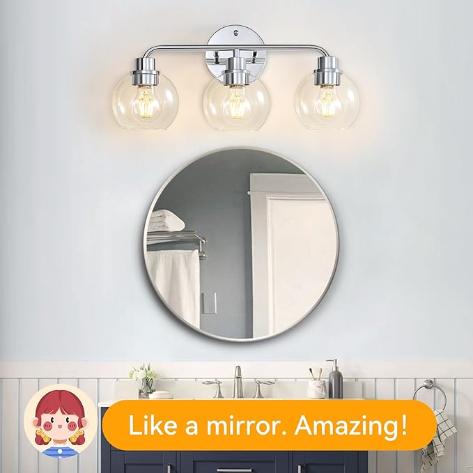 Bathroom Light Fixtures Chrome Vanity Light Silver 3 Light Modern Wall Sconces Lighting Bathroom Lights with Globe Glass Shades Bath Wall Lights Wall Lamp for Mirror Kitchen Living Room Hallway