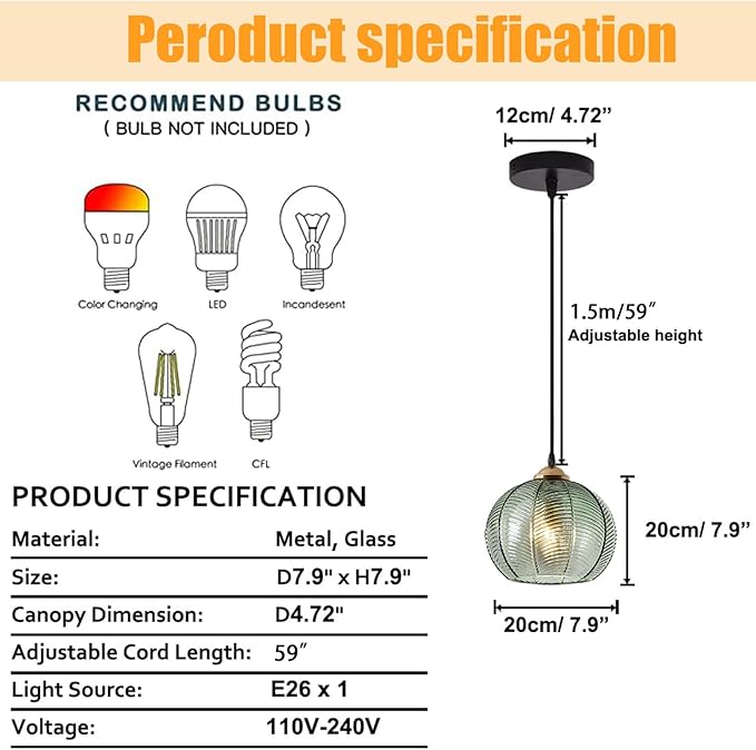 Green Pendant Light 7.8" Glass Globe Pendant Lighting Vintage Pendant Light Kitchen Island Lights Ceiling Hanging Ribbed Glass Chandelier Light Fixture for Dining Room Living Room Bedroom