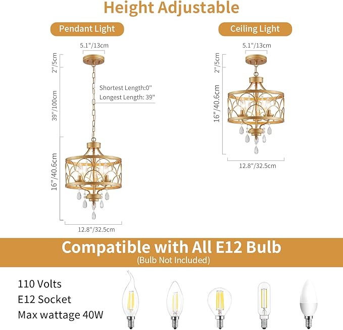 Small Crystal Chandelier, Modern Gold Crystal Chandeliers for Dining Room, Rustic Farmhouse Round Ceiling Pendant Light Fixture for Living Room, Entryway, Hallway, Bedroom, Bathroom