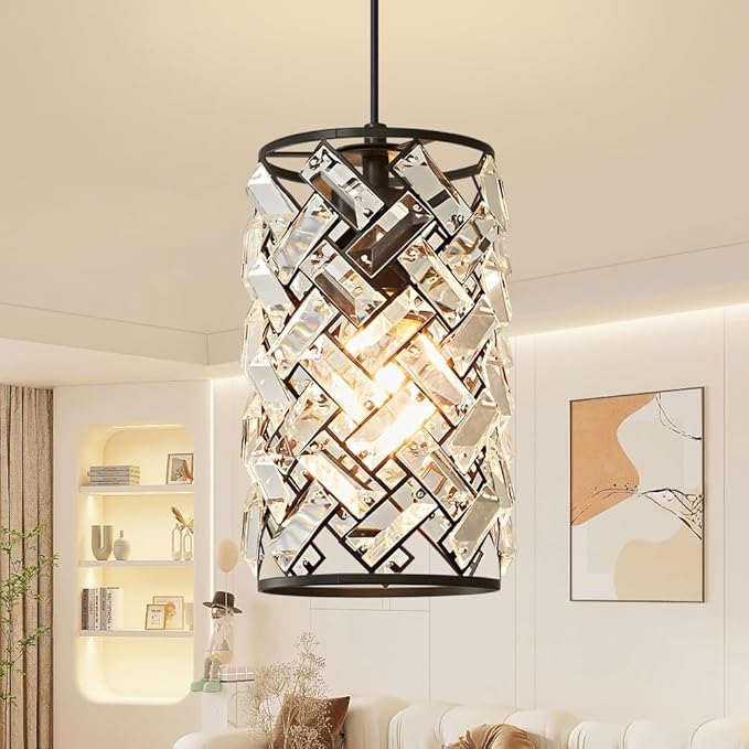 Black Pendant Lights Kitchen Island, Mini Crystal Modern Kitchen Pendant Lighting Over Sink with 10.2" Clear Glass Shade Chandeliers, Adjustable Pendant Light Fixture for Dinning Room Bedroom Entryway