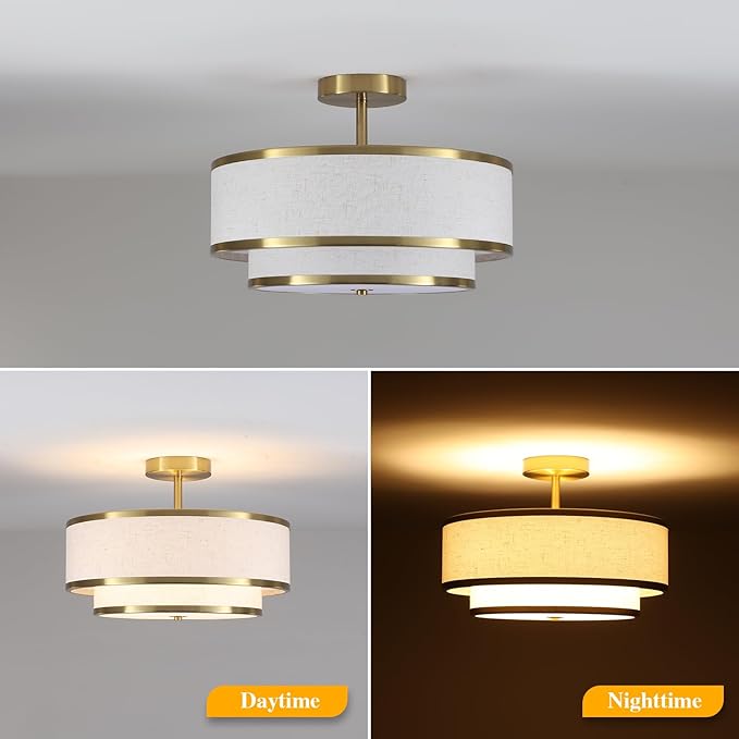 Semi Flush Mount Ceiling Light, 3-Light Double Drum Ceiling Light Fixture with Fabric Shade, Farmhouse Chandelier Dining Room Light Fixture for Bedroom, Kitchen, Hallway (Gold)