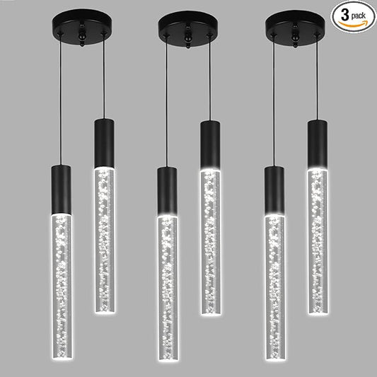 Modern Black Pendant Light Fixture 2-Light, 3-Color LED Pendant Lighting Acrylic Cord Adjustable Ceiling Hanging Lights for Kitchen Island Living Room Bedroom Dining Room (3 Pack)