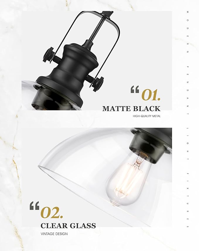 Large Pendant Lights Kitchen Island, 10.5" Farmhouse Black Pendant Lighting with Clear Glass Shade, Vintage Hanging Light Fixtures for Dining Room Entryway, Adjustable Cord, AD-22151-1PL-BK-C
