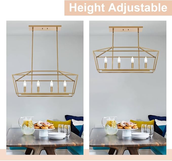 4-Lights Golden Pendant Light Fixtures, Modern Lantern Linear Chandelier with Adjustable Height, Dining Room Ceiling Lighting Hanging for Over Table