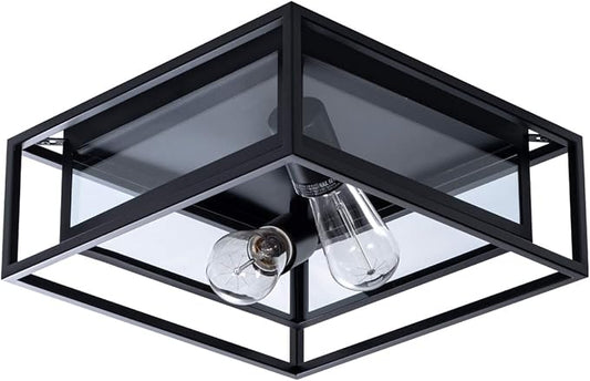 VILUXY Modern Black Flush Mount Ceiling Light Square Ceiling Lamp Fixture with Glass Shade for Hallway, Entryway, Passway, Dining Room, Bedroom,Kitchen, Living Room Two-Light