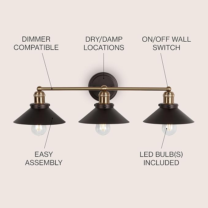 JONATHAN Y 26.5" Oil Rubbed Bronze/Brass Gold 3-Light Industrial Farmhouse Metal Vanity Light Wall Sconce, Metal Shade for Bathroom Mirror, Kitchen, Entryway, LED Bulb Included (JYL7428C)