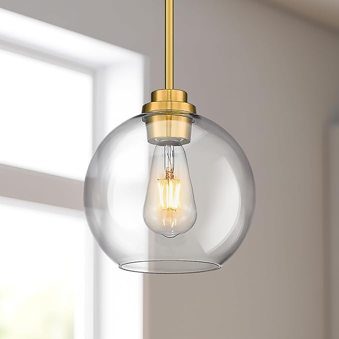 2 Pack Pendant Lights Kitchen Island, 8" Gold Pendant Light Fixtures with Globe Clear Glass Shade, Modern Brass Kitchen Island Lighting for Bathroom, AD-22280-2PL-GD