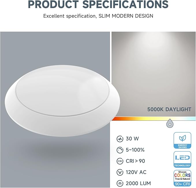 ECOELER 8 Inch Round Flush Mount Ceiling Light LED Disc Light, Round Dimmable Lighting Fixture, 30W 2000Lm, 5000K Day Light, Aluminum Trim Matte White Finish, ETL Listed