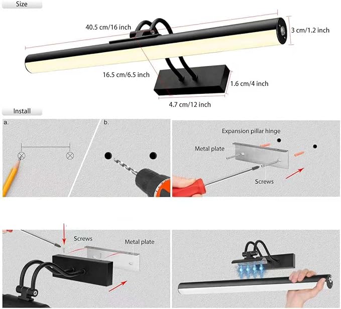 RAIFOOLLY Picture Light,Magnetic Wall Light,16inch Art Light,5000mAh Rechargeable Battery Accent Light with Remote Timer and Dimmable for Painting, Frame, Portrait, Artwork-Black