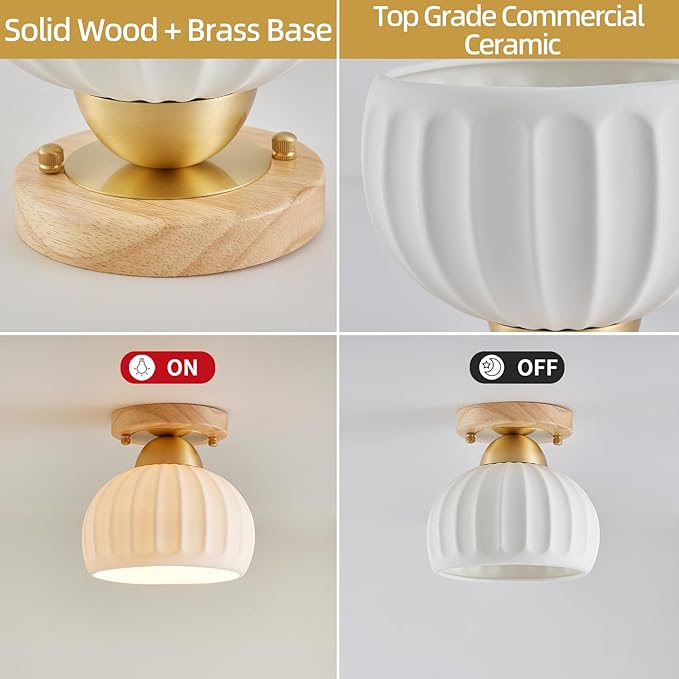 2 Pack Ceramic Wood Brass Semi Flush Mount Ceiling Light Vintage Hallway Light Fixtures, Modern Small Ceiling Mount Light Lamp for Hall Kitchen Entryway Passway Porch Foyer