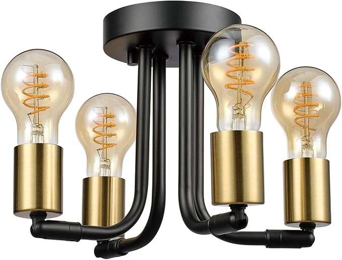 GLOBE Electric 66000072 4-Light Adjustable Socket Semi-Flush Mount Ceiling Light, Matte Black, Matte Brass Accents, Ceiling Light Fixture, Home Improvement, E26 Base, Pivot Joint, Exposed Socket
