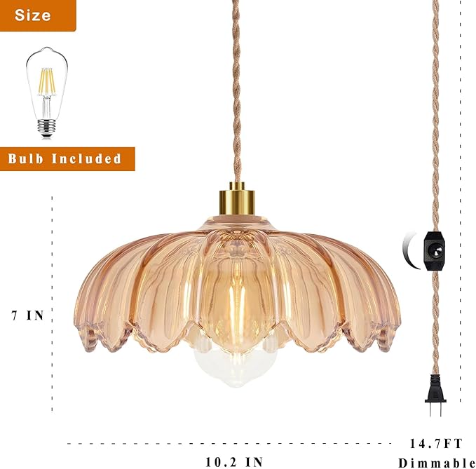 QIYIZM Plug in Pendant Light Hanging Lights with Plug in Cord Mid Century Modern Gold Hanging Lamp Glass Vintage Dimmable Flower Chandelier Ceiling Fixture for Living Room,Kitchen,Boho