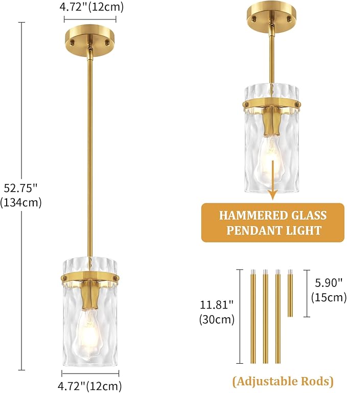 3 Pack Brushed Gold Pendant Lights Kitchen Island, Hammered Glass Kitchen Pendant Lighting Over Island Adjustable Hanging Bathroom Light Fixtures Modern Pendant Light for Dining Room Hallway Foyer