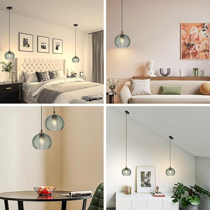 2 Pack Glass Pendant Light Kitchen Island Pendant Lights with Green Glass Shade Hand Blown 1-Light Globe Pendant Light Gold Vintage Hanging Light for Dining Room Bedroom