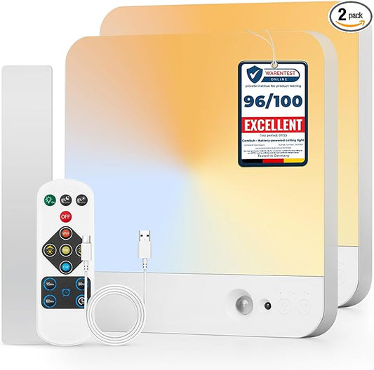 Combuh 2 Pack Square Rechargeable Ceiling Lights with Remote Operated Battery Powered, 85 Day Long Lasting Wireless Stick on Inside Waterproof Shower Lighting No Electricity Needed for Hallway Closet