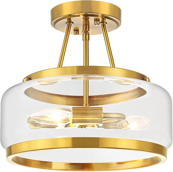 11.81" Gold Semi Flush Mount Ceiling Light Modern Glass Drum Ceiling Light Fixture 3-Light Ceiling Lights for Hallway Entryway Bedroom Kitchen Dining Room Laundry Room Close to Ceiling Light Fixtures