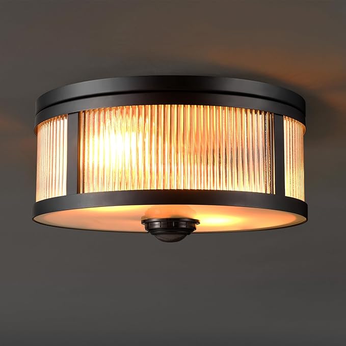 GLOBE Electric 60000123 2-Light Motion Activated Outdoor Flush Mount Ceiling Light, Matte Black, Ribbed Glass Shade, Frosted Lens, 360-Degree Detection, 25ft Range, Weather Resistant, Kitchen Décor