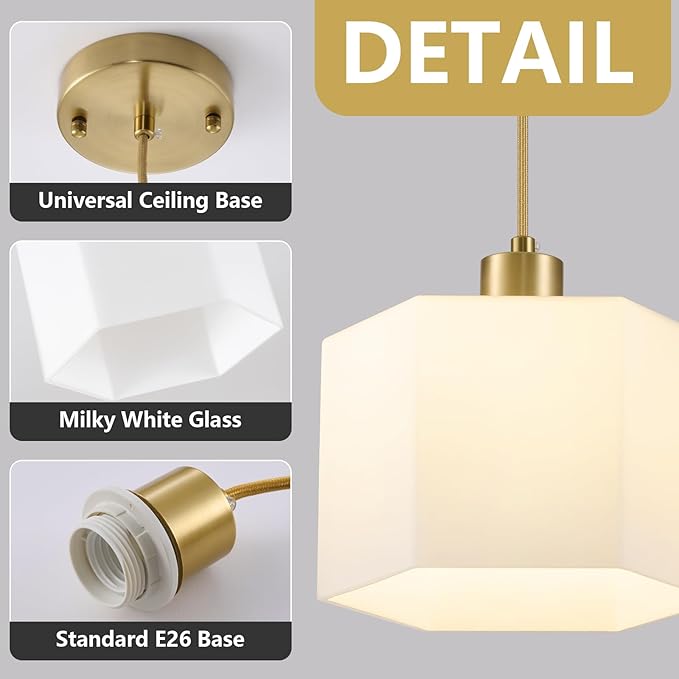 XSDeTu Milk Glass Pendant Lights Kitchen Island 2 Pack, Modern Gold Hanging Light Fixture, Mid-Century Hexagonal Ceiling Lamp, Mini Farmhouse Chandelier for Dining Room Sink Bathroom Bedroom Hallway